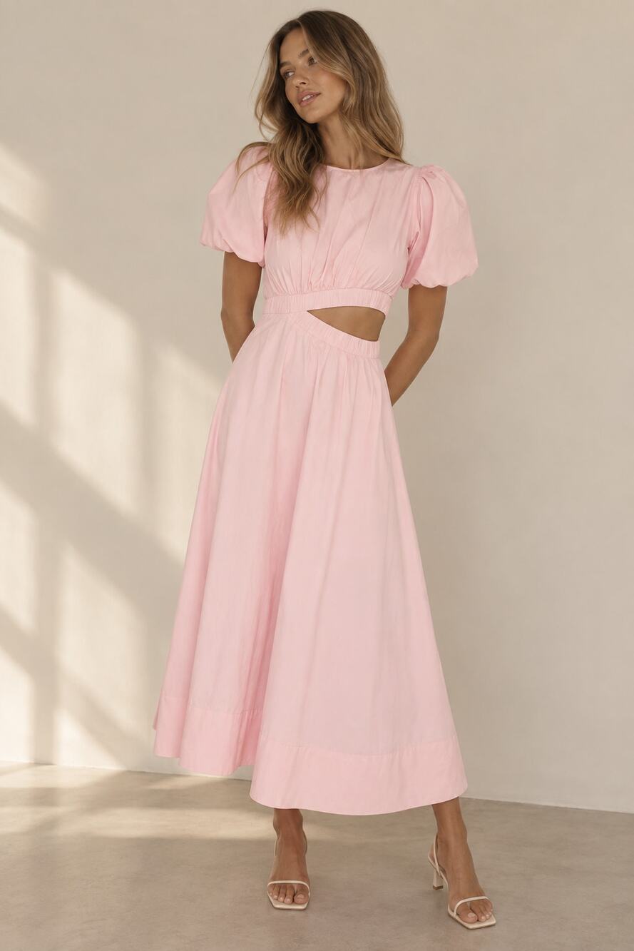 Petal & Pup Aminah Puff Sleeve Cutout Maxi Dress Blush Pink